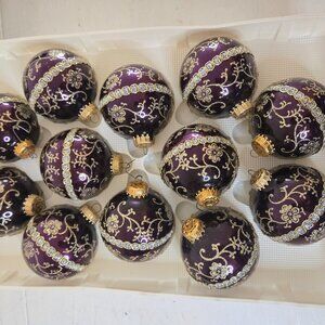 Vintage Krebs Glass Ornaments set of 12 Purple/Plum w glitter embellishments